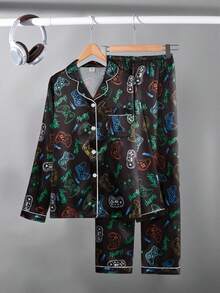 2pcs Teenage Boys' Navy Blue Zebra Print Fabric Long Pants And Cardigan Pajama Set Silk Pajama Set - Black - View 3