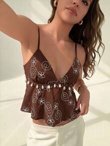 Aloruh 女士夏季度假花卉刺绣荷叶边吊带背心，度假装扮，露背上衣，荷叶边上衣，可爱夏季上衣，外出上衣，波西米亚风女装，欧洲夏季 - 棕色 - 查看 7