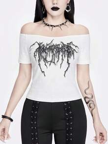 ROMWE Goth Camiseta de hombros descubiertos con estampado gráfico - Blanco - Ver 3
