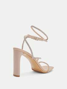 Glitzique 女性粗跟夏季沙灘涼鞋,鑲嵌鑽石裝飾,透氣帶,裸色色調性感豁口 - 杏色 - 查看 5