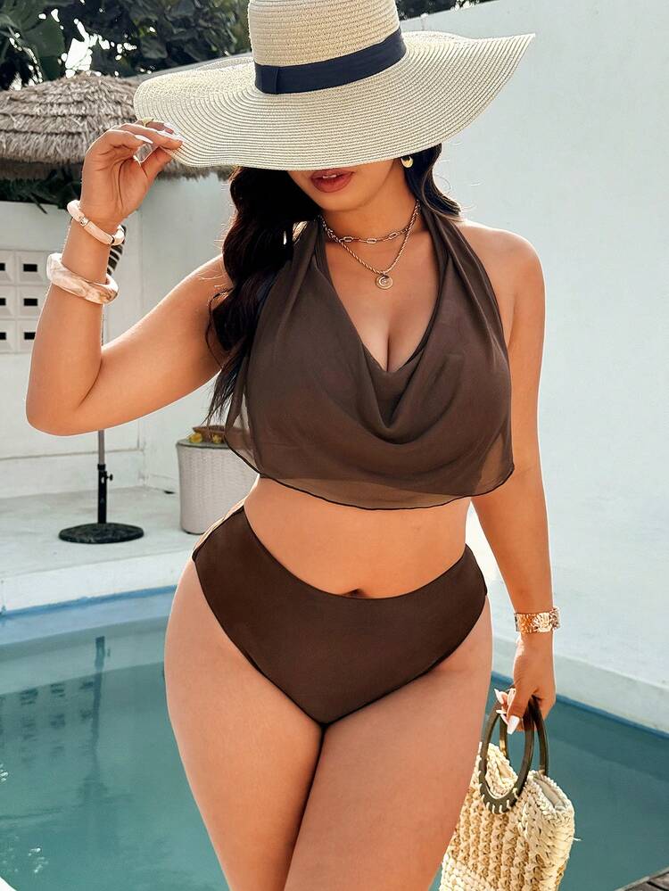 Swim Vcay Plus Size Women's Solid Color Spaghetti Strap High Cut Two Pieces Swimwear Set, Suitable For Spring/Summer Beach Vacation - Brown - View 4