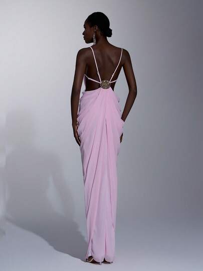 Elitara 优雅浪漫露肩深V领褶皱性感露背金属装饰开衩裙摆连衣裙，适合节日庆典、婚礼、晚宴、音乐会、商务宴会、网红活动、伴娘礼服（成人款）