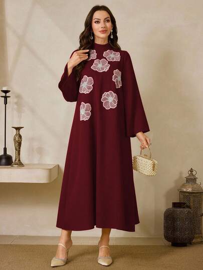 Al Najma Women's Floral Pattern Stand Collar Long Sleeve Elegant Arabic Dress