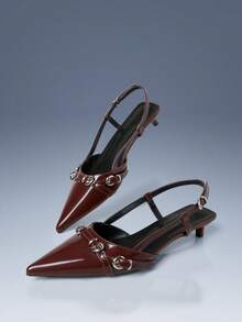 CUCCOO GRLICON Burgundy Patent Leather Pointed Back Empty Metal Ring Buckle Kitten Heel Women's Shoes - Brown - View 5