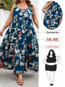 SHEIN CURVE+ 曲线尺码 US22 音乐节、海滨度假、波西米亚风印花吊带连衣裙，适合夏季海滩度假、沙滩罩衫、夏季服装，女士碎花连衣裙，碎花长裙，夏季吊带裙，波西米亚风碎花连衣裙，大码夏季连衣裙，波西米亚风长裙 - 藍色 - 查看 7