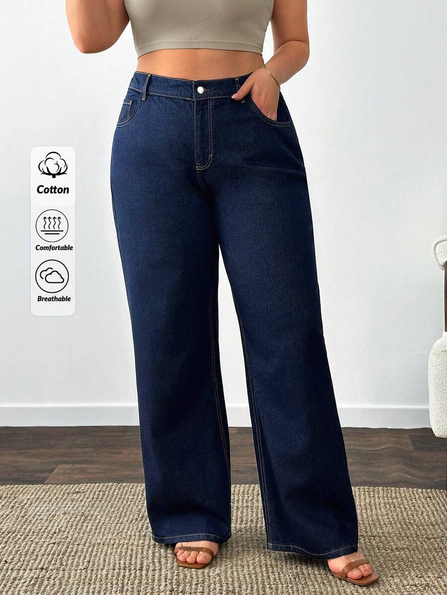 SHEIN Plus 100% High Waist Washed Straight Jean - Dark Wash - View 1