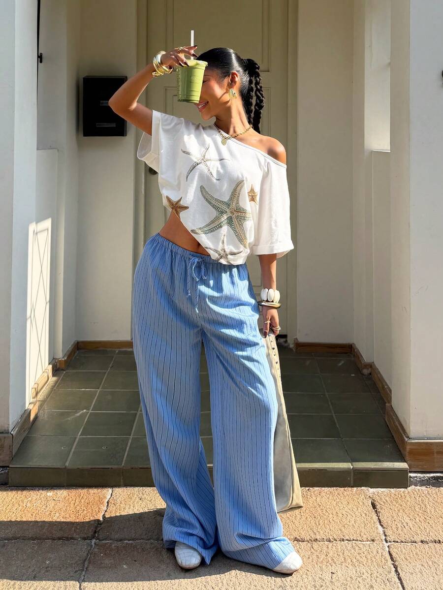 Muchica 女士100%纯棉休闲海星印花蝙蝠袖T恤,适合度假、海滩、锐舞派对、夏威夷岛度假 - 白色 - 查看 1
