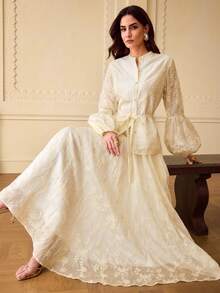 ZEYLAH Elegant Commuter Floral Embroidery Lantern Sleeve Shirt And Skirt 2 Pieces Set - White - View 3