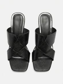 Bholvia Sandalias de tacón alto negro para mujer, cómodas y versátiles con punta cuadrada, estampado de piel de serpiente y tacón asimétrico - Negro - Ver 13