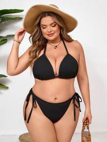 SHEIN CURVE+ Plus Size Women Black Side Drawstring Design Beach Vacation Bikini Set - Black - View 5