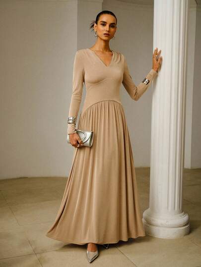 ZEYLAH Vestido de manga larga con decoración de strass elegante para mujer, otoño