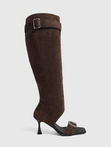 Daringsoles 女士鞋履春秋爆款露趾一字扣方头细高跟拉风卡其棕色美靴外穿 - 棕色 - 查看 2