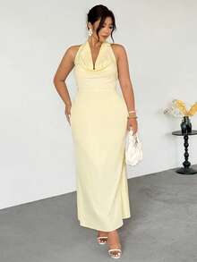 Firerie Đầm hở lưng màu vàng kem thanh lịch với dây buộc eo, thích hợp cho mùa hè, mùa thu, mặc hàng ngày, đi nghỉ mát, dự tiệc, lễ tốt nghiệp, tựu trường. - Màu vàng - Xem 2