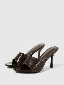 Sleekvia 女士鞋履 春夏新款棕色圆头细高跟镂空凉鞋拖鞋 时尚舒适 百搭通勤性感派对女凉鞋 女鞋拖鞋 - 咖啡棕 - 查看 2