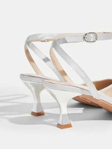 CUCCOO TILAWA 女鞋 时尚尖头灰色水钻踝带派对晚宴性感猫跟高跟鞋 女士露跟鞋 - 銀色 - 查看 4