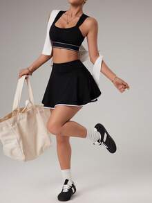Dewbera Women's Color - Block 2 - In - 1 Sports Skort With Pockets, Anti - Exposure Tennis Skirt Suitable For Golf, Badminton, Yoga & Outdoor Running - Black - View 6