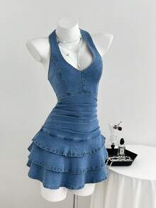 Elamini Y2K Fashion Casual Sexy V-Neck Ruffle Trim Denim Dress - Medium Wash - View 4