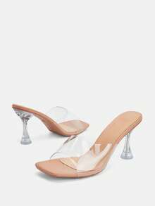 Glitzique 女士高跟透明水晶尖頭涼鞋，性感PVC踝帶中空派對鞋，時尚優雅的夏季拖鞋，凸顯體型 - 杏色 - 查看 6