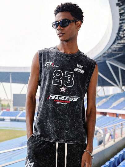 EVRINFINITE Shwiy 男士水洗复古效果休闲简约黑色露背背心，饰有芝加哥印花、23 号和星星图案，适合日常穿着，春夏皆宜，篮球背心/篮球运动衫/街头运动背心