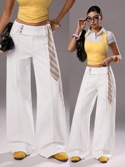 TRNVIE Y2K แฟชั่นกางเกงยีนส์เดนิมสีขาวขากว้างเอวสูงลำลอง