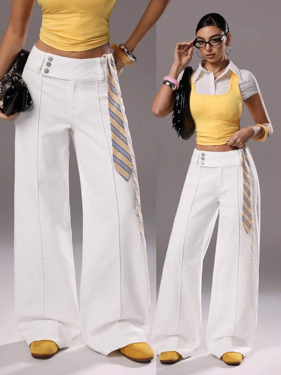 TRNVIE Y2K 时尚休闲高腰阔腿白色牛仔裤 - 白色 - 查看 1
