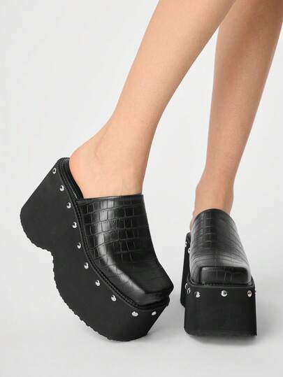ROMWE Grunge Punk Women's Black Crocodile Embossed Studded Square Toe Platform Sandals