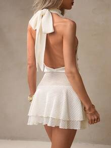 NOVVYNE Women's Pleated Collar Fashion Date Party Mini Dress Sleeveless Dress Layered Dress Cream Mesh Dress White Mesh Dress Drop Waist Dress - Apricot - View 2