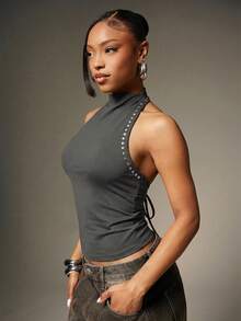 Denimoi Áo nữ cổ yếm đính đinh tán, kiểu dáng Y2K Millennial dễ mặc, phong cách thường ngày. - Xám - Xem 2