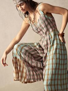 Bohemela Women's Casual Woven Plaid Patchwork Jumpsuit - Multicolor - View 2