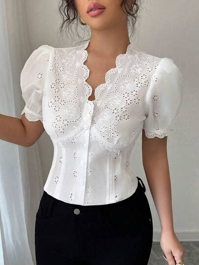 Selianne Blusa elegante de mujer para primavera y verano con mangas cortas, cuello en V, frente abierto con botones, calada y de tejido de encaje