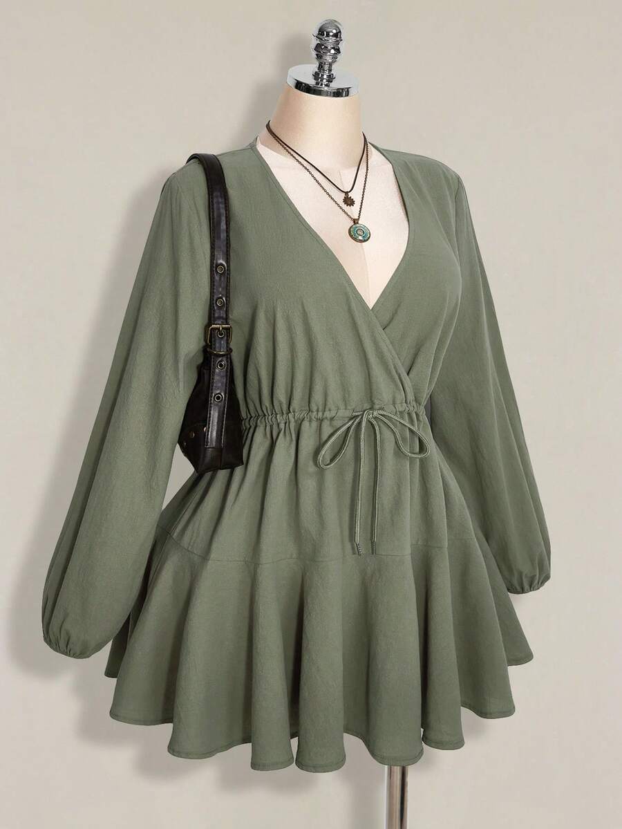 SHEIN ICON 大码女式水洗棉绿色系带长袖连衣裙 - 綠色 - 查看 1