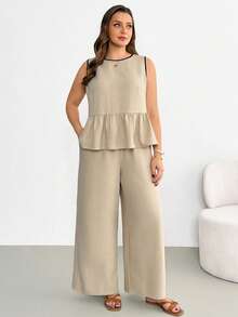 Shapeblank 大码女装春夏时尚休闲宽松舒适清爽日常百搭显瘦杏色荷叶边上衣搭配卡其色阔腿裤两件套，夏季服装，度假装，裤装套装，简约风格 - 杏色 - 查看 6