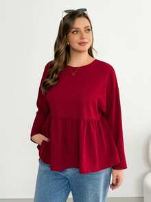 SHEIN Essnce 大码女装春秋季时尚休闲宽松舒适日常质感面料长袖荷叶边衬衫，奶油黄，秋季，返校季 - 酒紅色 - 查看 5