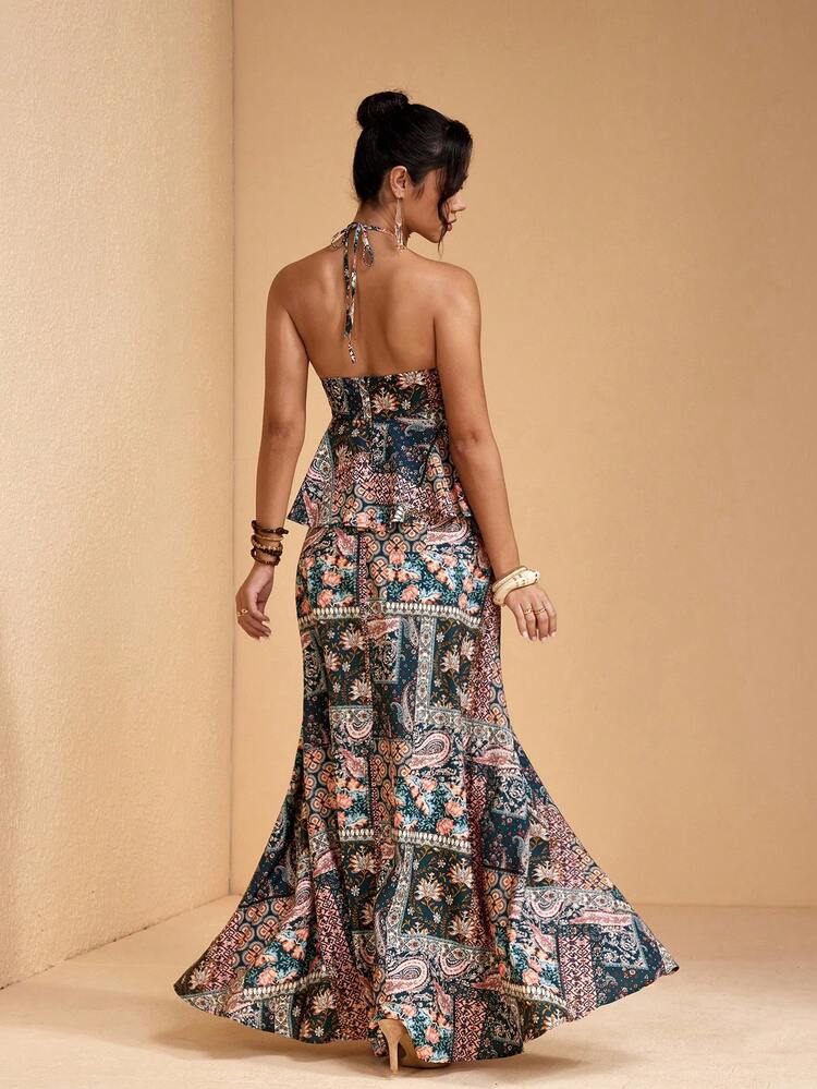 JIAN LASALA All-Over Print Halter Neck Tie Sleeveless Ruffled Top A-Line Loose Women Maxi Boho Dress - Multicolor - View 2