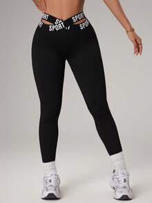 SHEIN Dewbera Women's Black Criss-Cross Waistband Seamless Skinny Casual Sports Leggings, Ribbed Texture Yoga Fitness Tights - Black - View 4