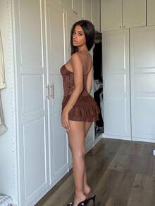 Ronhire Vintage Layered Lace Patchwork Bustier Waist Mini Dress - Coffee Brown - View 3