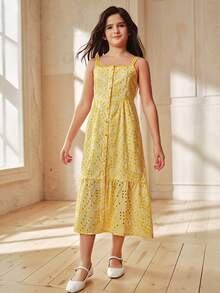 Anewsta Tween GirlsSleeveless Hollow-Out Slit Elegant Fashionable Versatile Yellow Dress - Yellow - View 3
