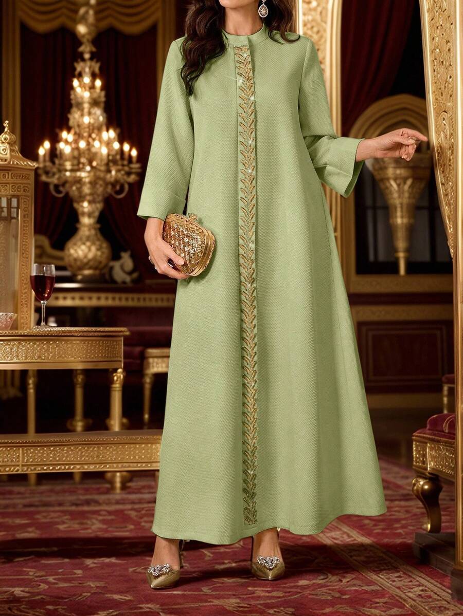 Al Najma Women's Stand Collar Leaf Embroidery Pattern Casual Party Travel Arabic Style Dress - Green - View 1