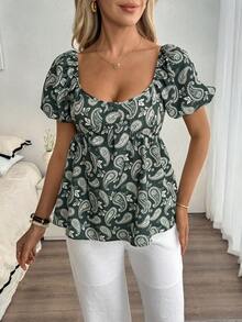 Louniche 女士休闲度假复古印花花瓣袖方领扭结衬衫 - 綠色 - 查看 5