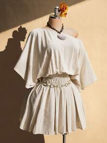 SHEIN ICON Đầm nữ cỡ lớn kiểu dáng thường ngày cổ lệch, xếp ly, màu mơ. - Màu be - Xem 5