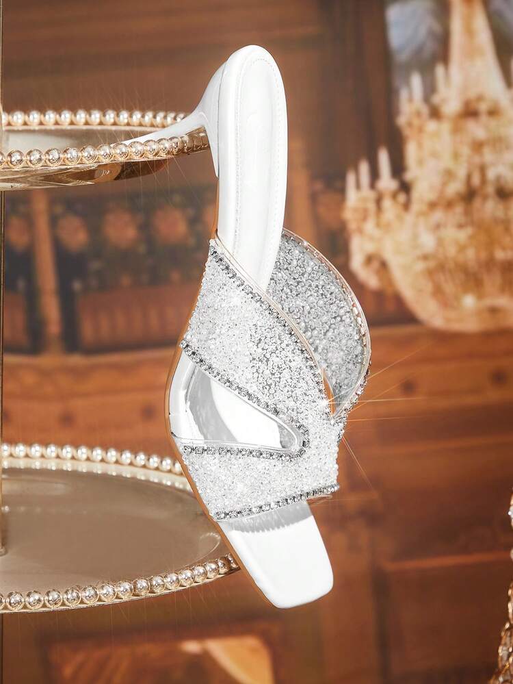CUCCOO TILAWA Women Shoes Square Toe Slender Heel White Transparent Film Rhinestones Sexy Fashion Elegant Gorgeous Women's High Heel Sandals Slippers With Skirts Daily Versatile Banquet Party Women's Sandals