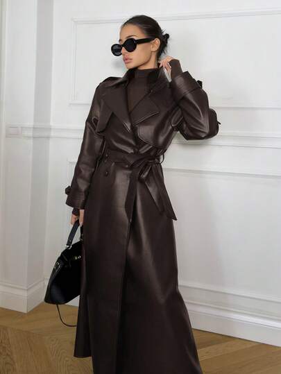 Ronhire Women's Solid Color Lapel NeckRaglan Sleeve Pocket Belted Casual Commuter Trench Coat, Autumn,Winter Clothes For Women