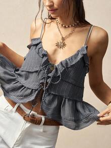 Bohemela Women's Summer Leisure Vacation Romantic Elegance French Beach Bohemian Country Music Festival Sexy Retro Striped Ruffle Patchwork Details Camisole,Free And Relaxed Style Of Dressing,Fasching Women Costume,Beach Outfit,Summer Vacation Outfits - Grey - View 1