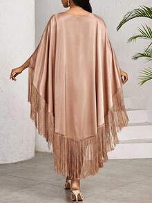 SHEIN Lady 2025新款加大码女装节日纯色编织流苏中长连衣裙缎面面料生日及活动礼服/办公礼服/教堂礼服/婚纱/节日礼服 - 咖啡棕 - 查看 5