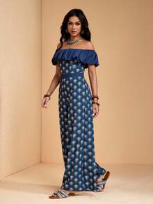 JIAN LASALA All-Over Print Off-Shoulder Wide-Leg Woven Women Summer Jumpsuit Vacation Boho Casual Wear - Navy Blue - View 4