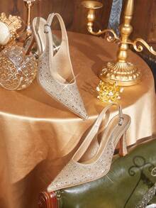 CUCCOO TILAWA Women Shoes Pointed Slender Heel Gold Rhinestone Sexy Fashion Gorgeous Back Lift After Empty Shoes With Skirts Banquet Party Night Club Women's High Heel Shoes Women's Shoes - Gold - View 1