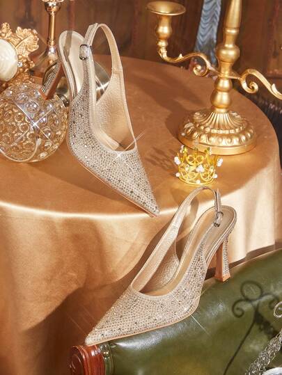 CUCCOO TILAWA 女鞋尖头细高跟金色水钻性感时尚华丽后跟提拉后跟鞋搭配裙子宴会派对夜店女士高跟鞋女鞋