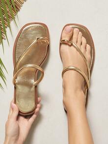 SHUZIA Sandal nữ màu vàng ánh kim bằng chất liệu PU, kiểu dáng đế bằng, chống trượt, thoải mái, hở mũi, thời trang, thích hợp cho mùa xuân hè, đi nghỉ mát, đi biển. - Vàng - Xem 2