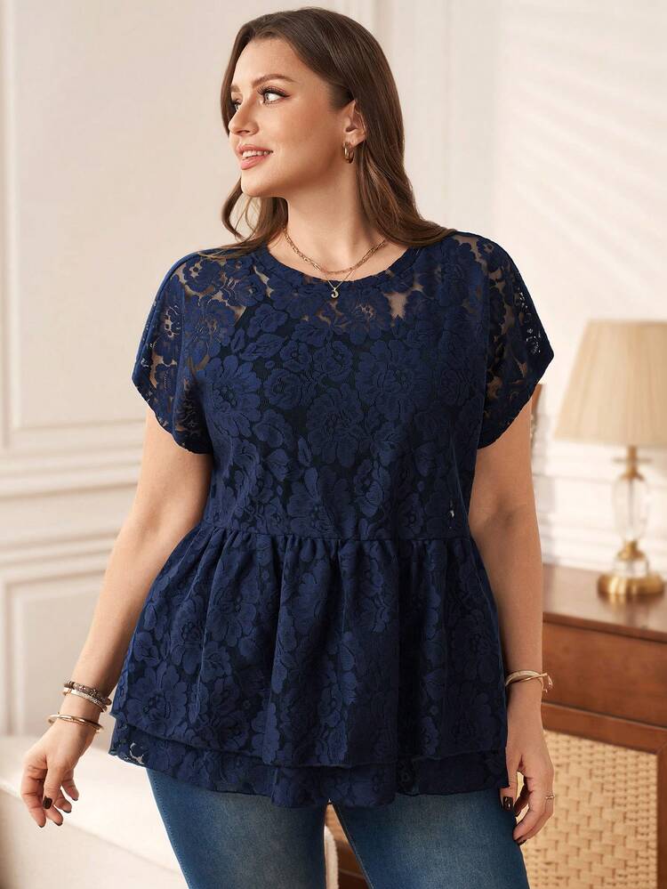 Plus Size Women's Summer Casual Vacation Solid Color Navy Blue Lace Sheer Round Neck Short Sleeve Blouse Top Shirt,,Summer\Vacation,Summer Holiday,Spring Break Outfits ,Vacation Outfits Women ,Holiday Outfits For Women,Going Out Outfits,2026 New Clothes,Simple And Fashionable For Everyday Wear,Suitable For Summer, Vacation, Daily Wear, Plus Size Babydoll Tops