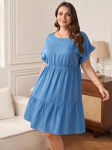 大码女式纯色圆领蝙蝠袖短袖荷叶边下摆休闲连衣裙 - 藍色 - 查看 5
